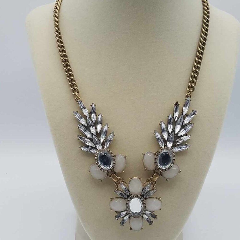 J Crew Clear Crystal and white beaded Statement Necklace